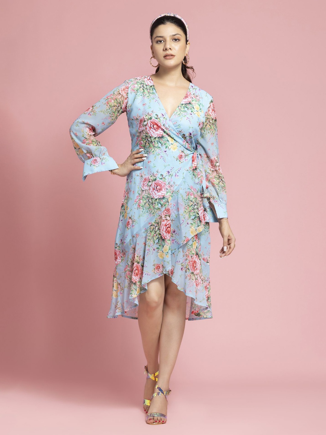 

SEW YOU SOON Floral Print Georgette Wrap Midi Dress, Blue