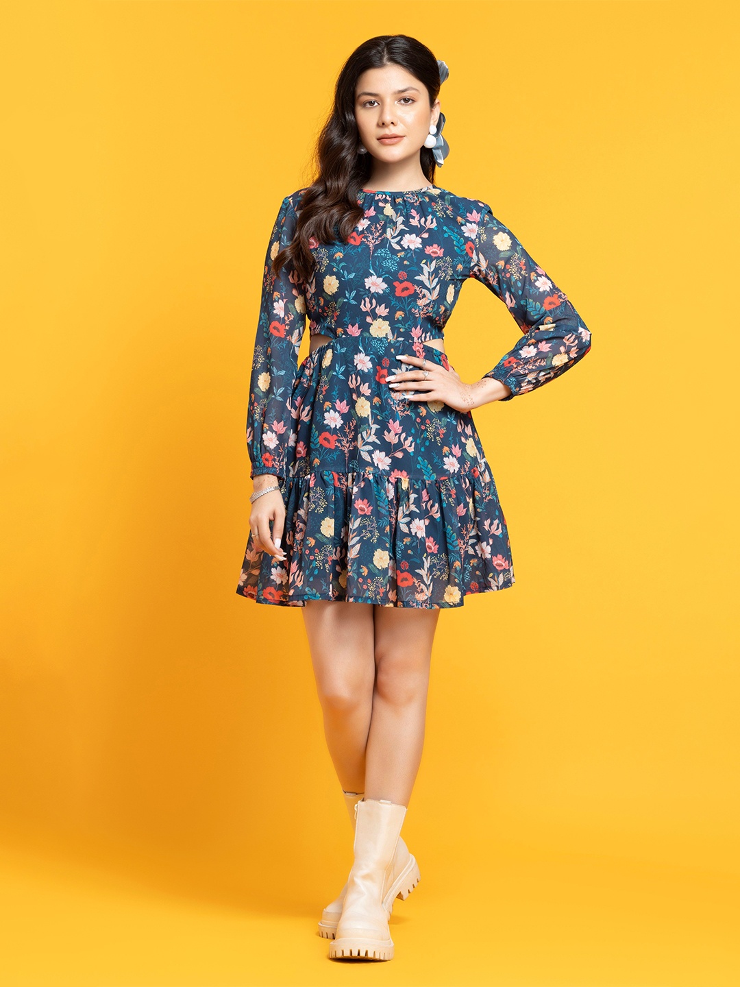 

SEW YOU SOON Women Floral Printed Georgette Fit & Flare Dress, Blue