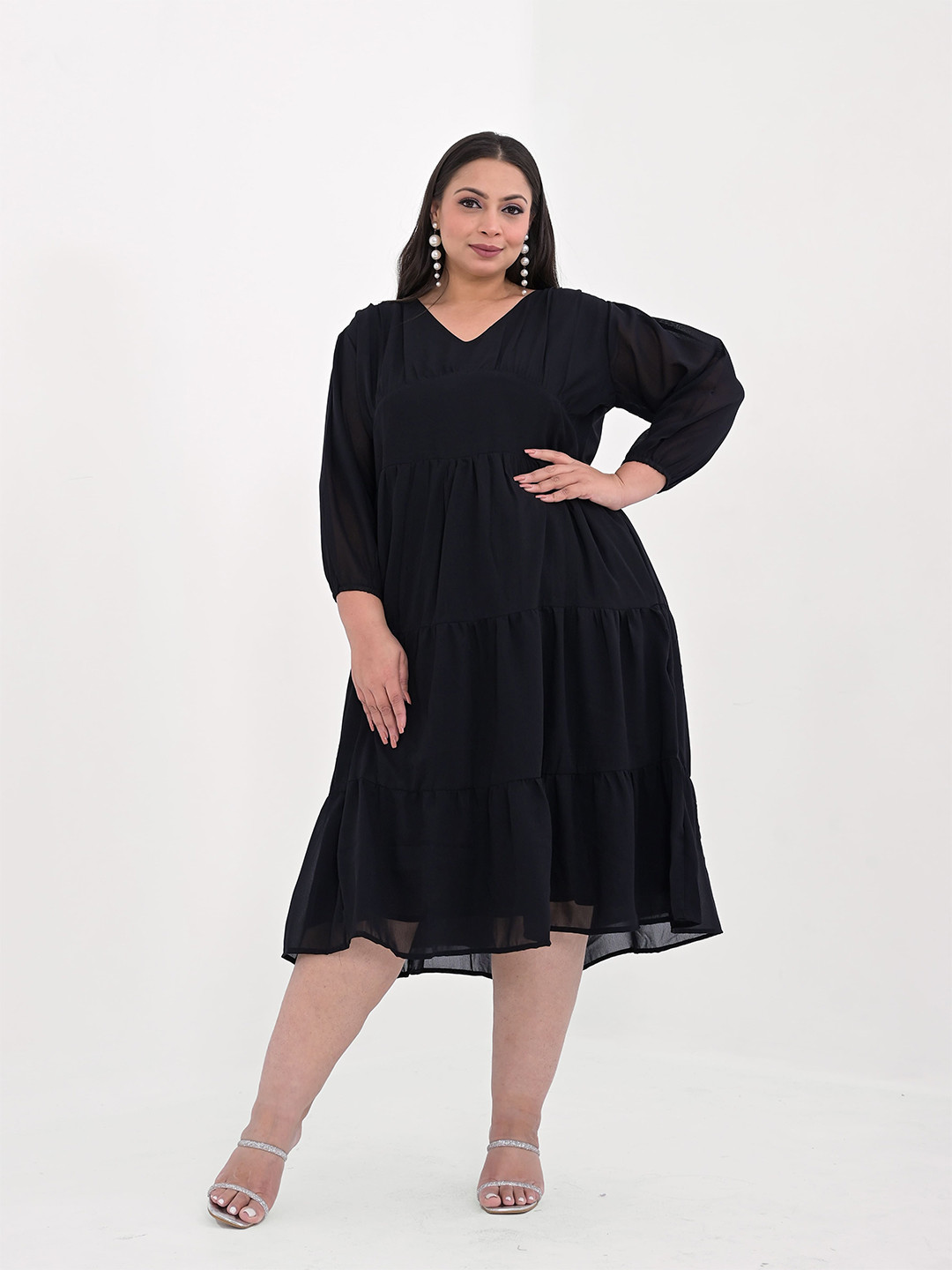 

Girly Girls Puff Sleeve Georgette Fit & Flare Midi Plus Size Dress, Black