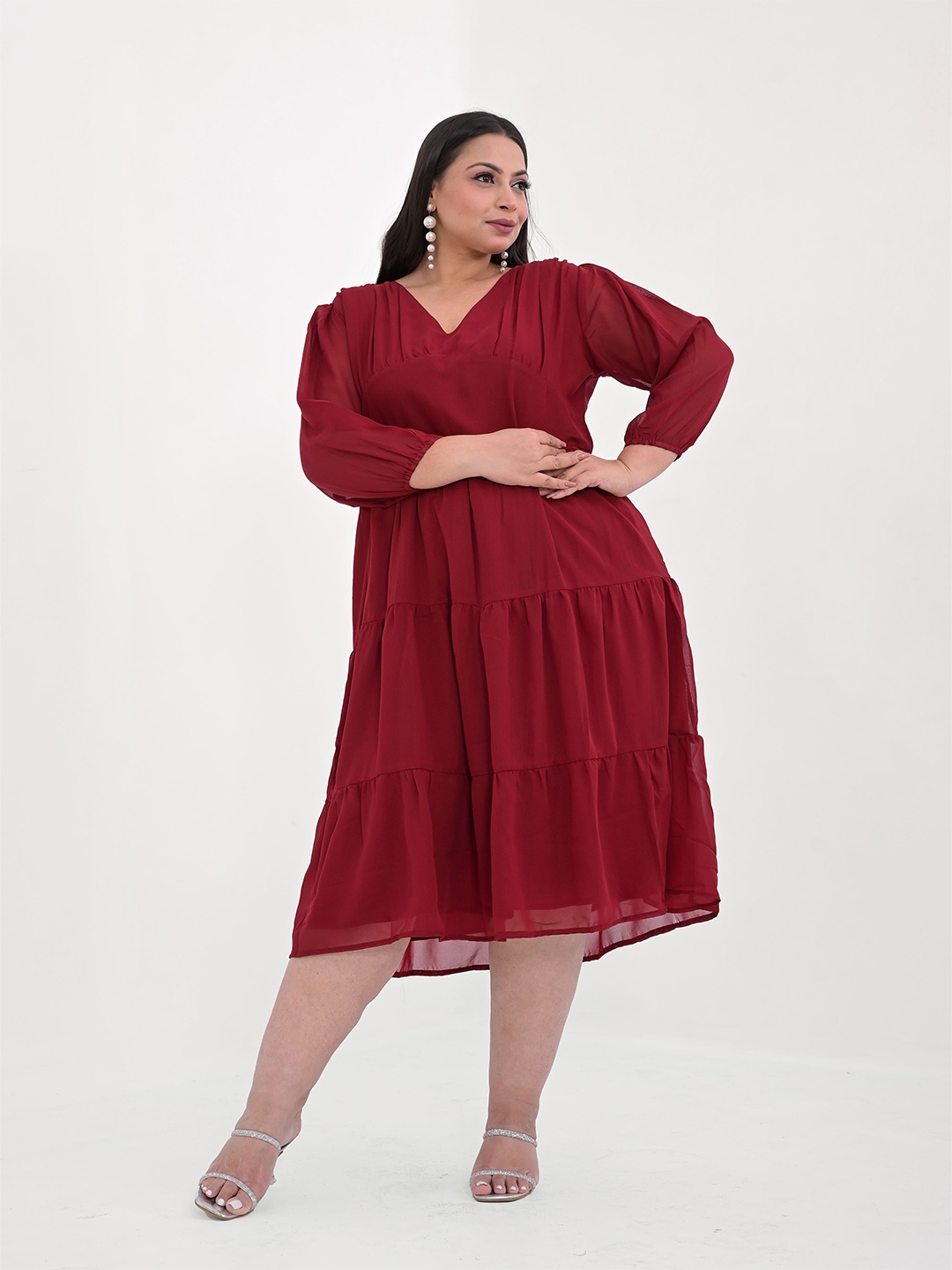 

Girly Girls Women Plus Size Puff Sleeve Georgette Empire Midi Dress, Maroon