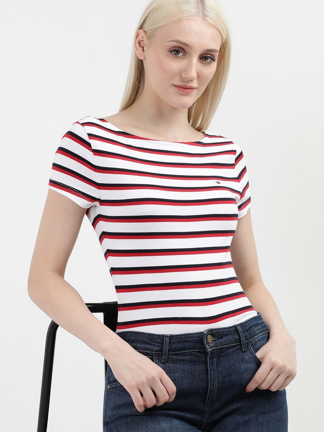 

Tommy Hilfiger Women Striped Boat Neck Cotton T-Shirt, White