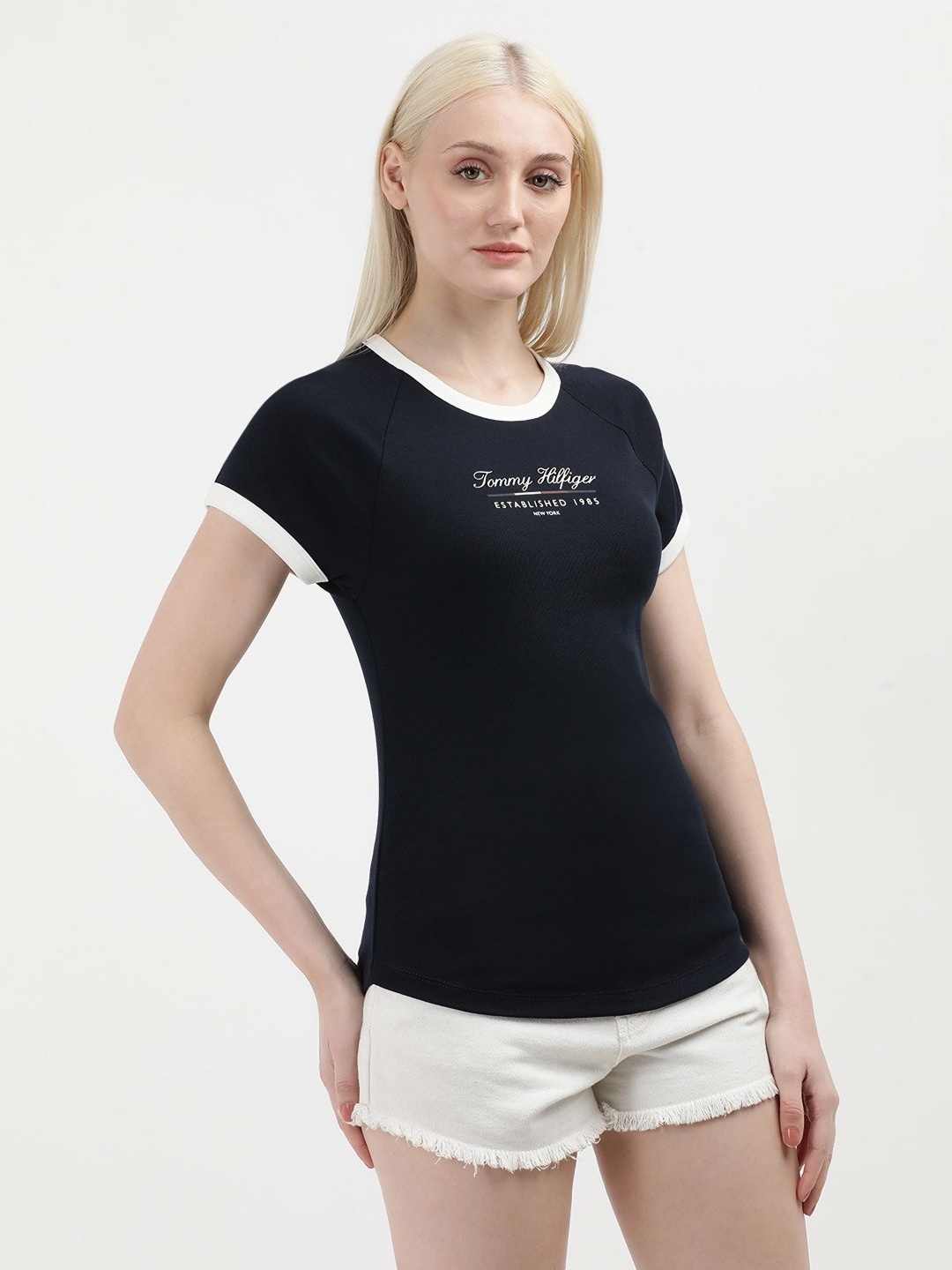 

Tommy Hilfiger Women Printed Round Neck Cotton Slim Fit T-Shirt, Blue