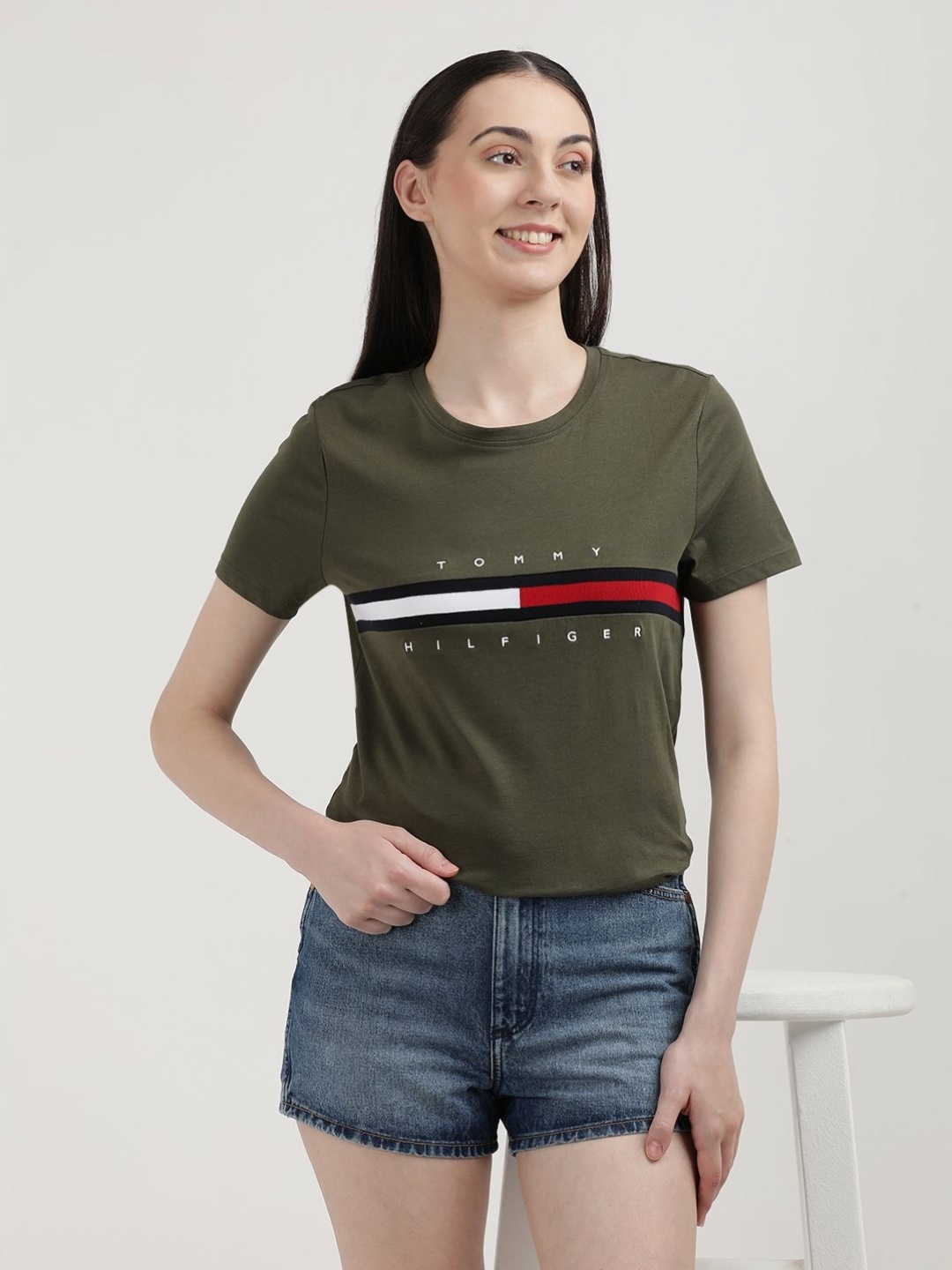 

Tommy Hilfiger Women Printed Round Neck Cotton T-Shirt, Green