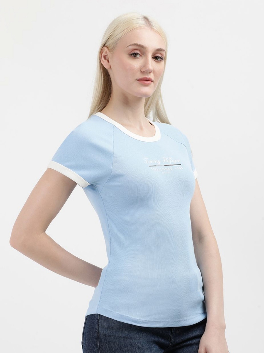

Tommy Hilfiger Women Printed Round Neck Cotton Slim Fit T-Shirt, Blue