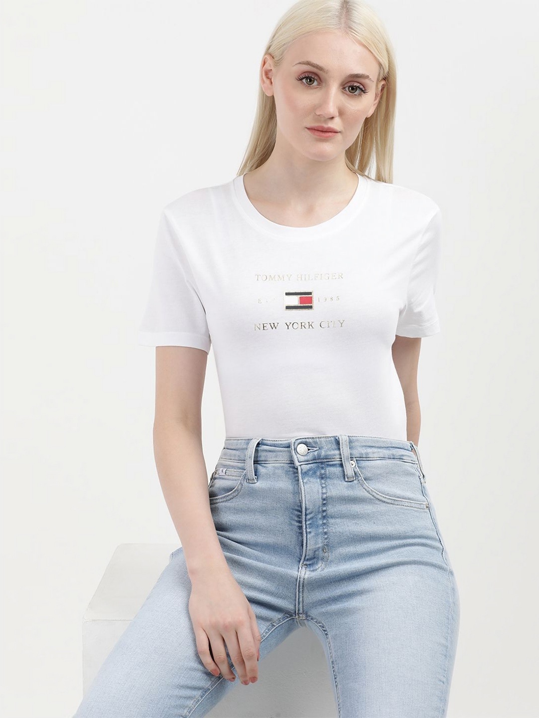 

Tommy Hilfiger Women Printed Round Neck Cotton T-Shirt, White