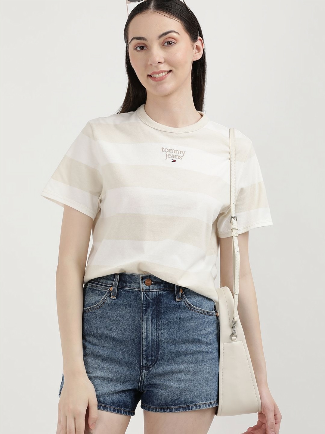 

Tommy Hilfiger Women Striped Round Neck Cotton T-Shirt, Beige