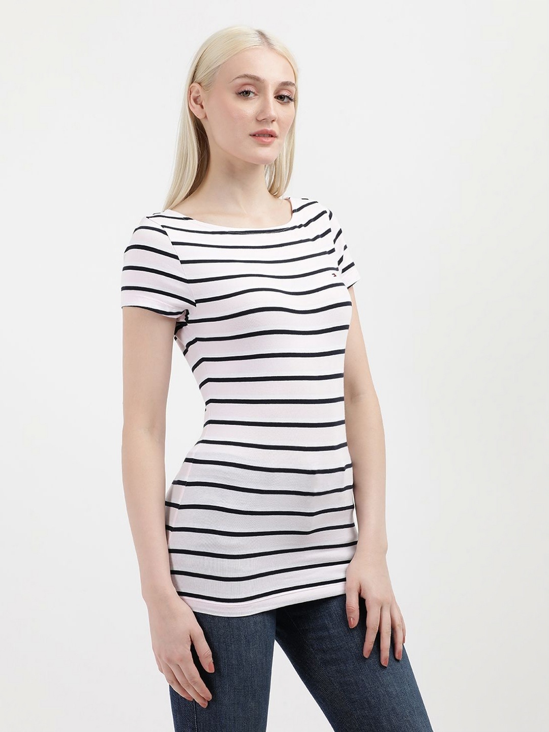 

Tommy Hilfiger Women Striped Boat Neck Cotton T-Shirt, Pink