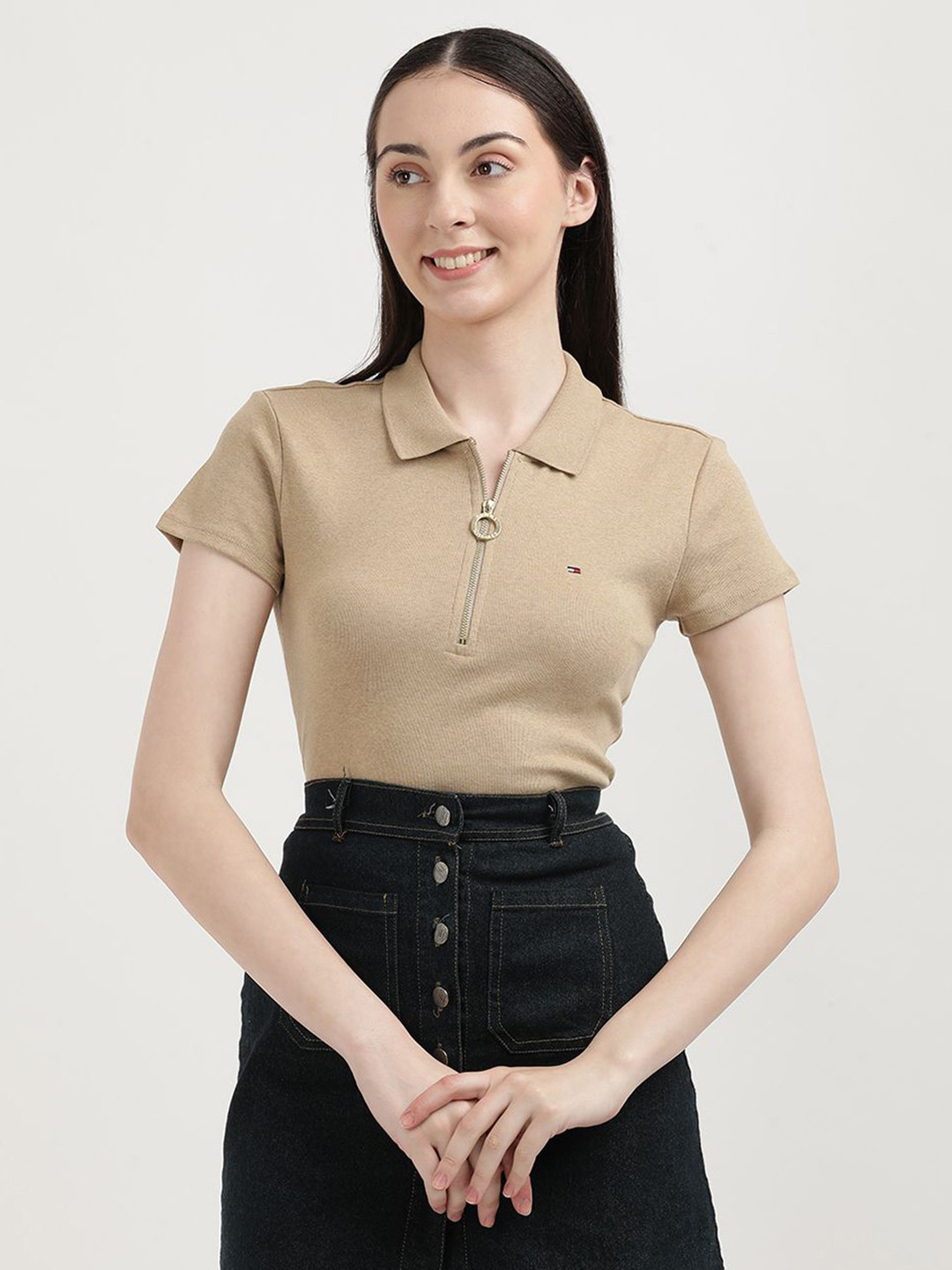 

Tommy Hilfiger Women Solid Polo Collar Cotton Slim Fit T-Shirt, Beige