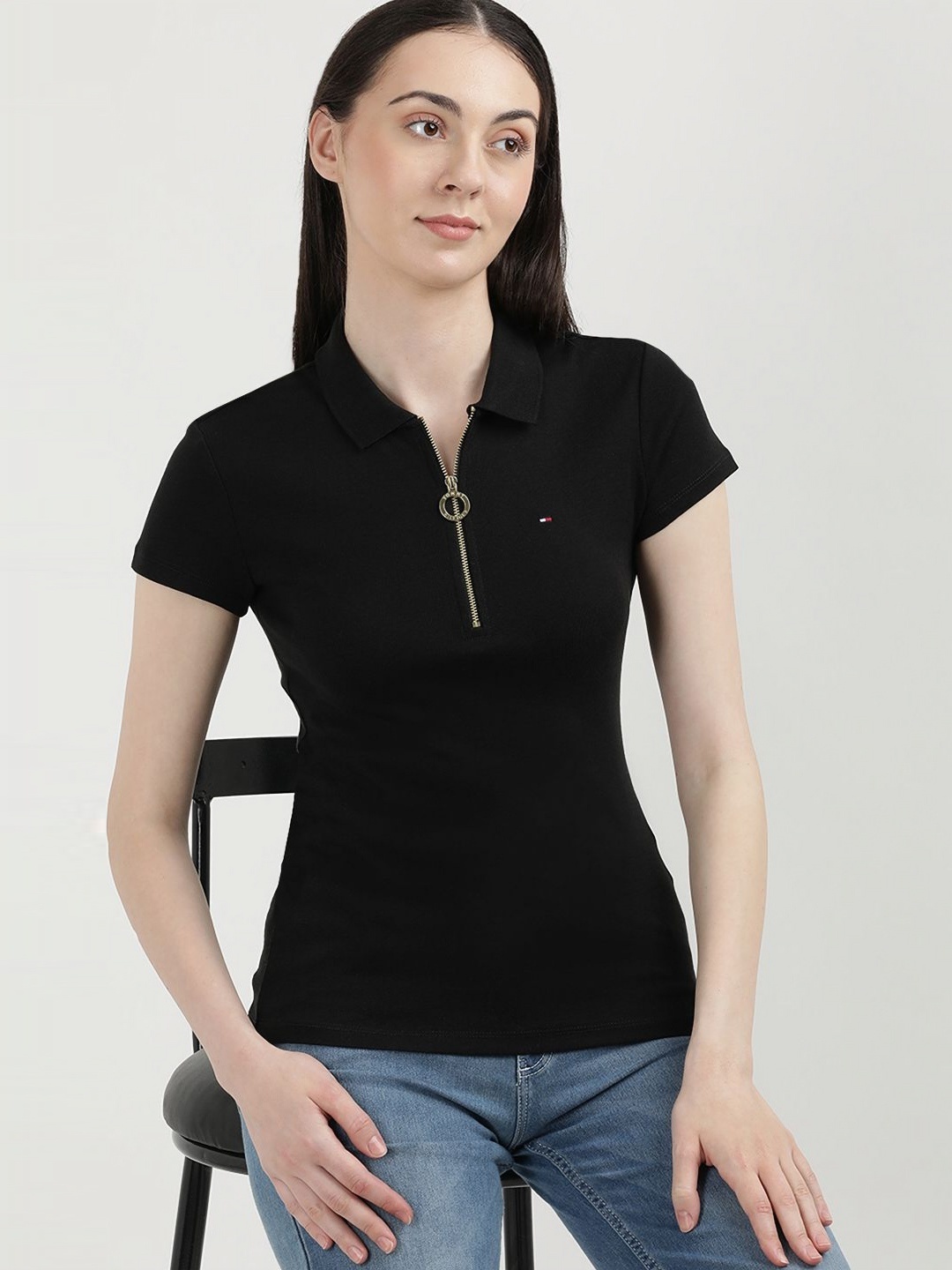 

Tommy Hilfiger Women Solid Polo Collar Cotton Slim Fit T-Shirt, Black