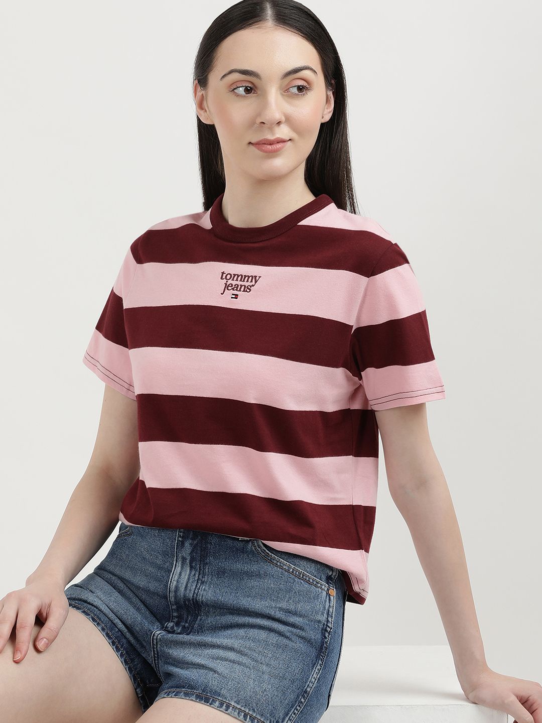 

Tommy Hilfiger Women Striped Round Neck Cotton T-Shirt, Purple