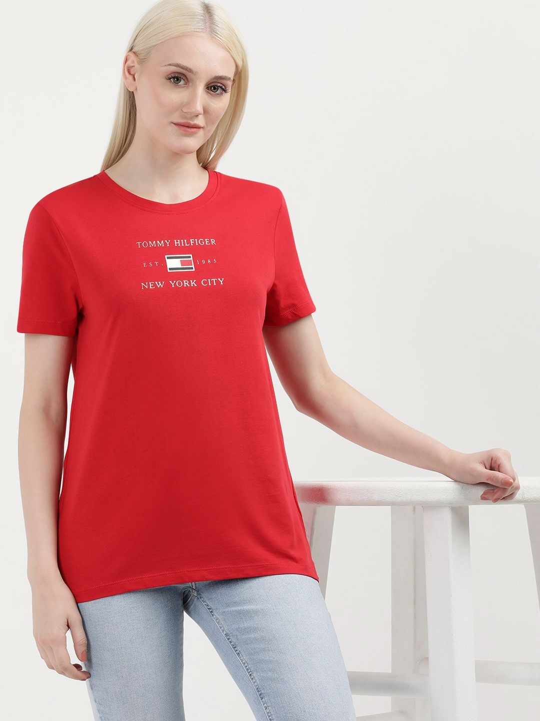 

Tommy Hilfiger Women Printed Round Neck Cotton T-Shirt, Red