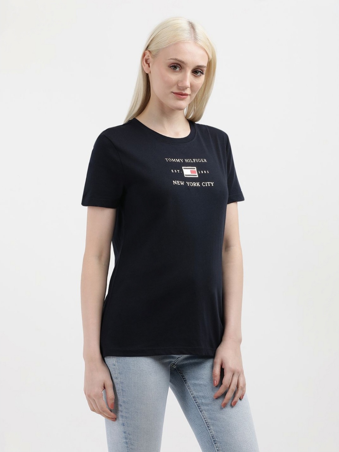 

Tommy Hilfiger Women Printed Round Neck Cotton T-Shirt, Blue
