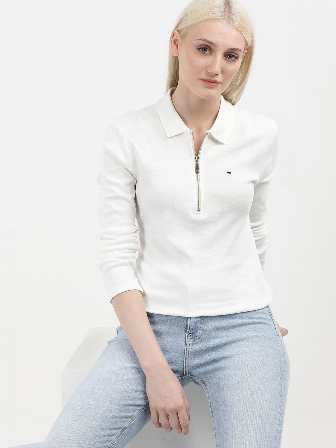 

Tommy Hilfiger Women Solid Polo Collar Cotton Slim Fit T-Shirt, White