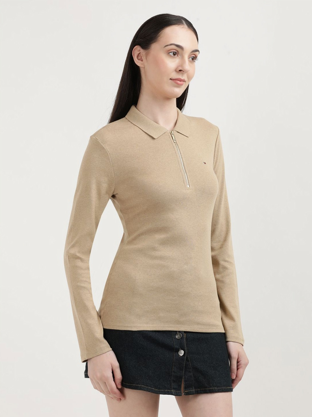 

Tommy Hilfiger Women Solid Polo Collar Cotton Slim Fit T-Shirt, Beige