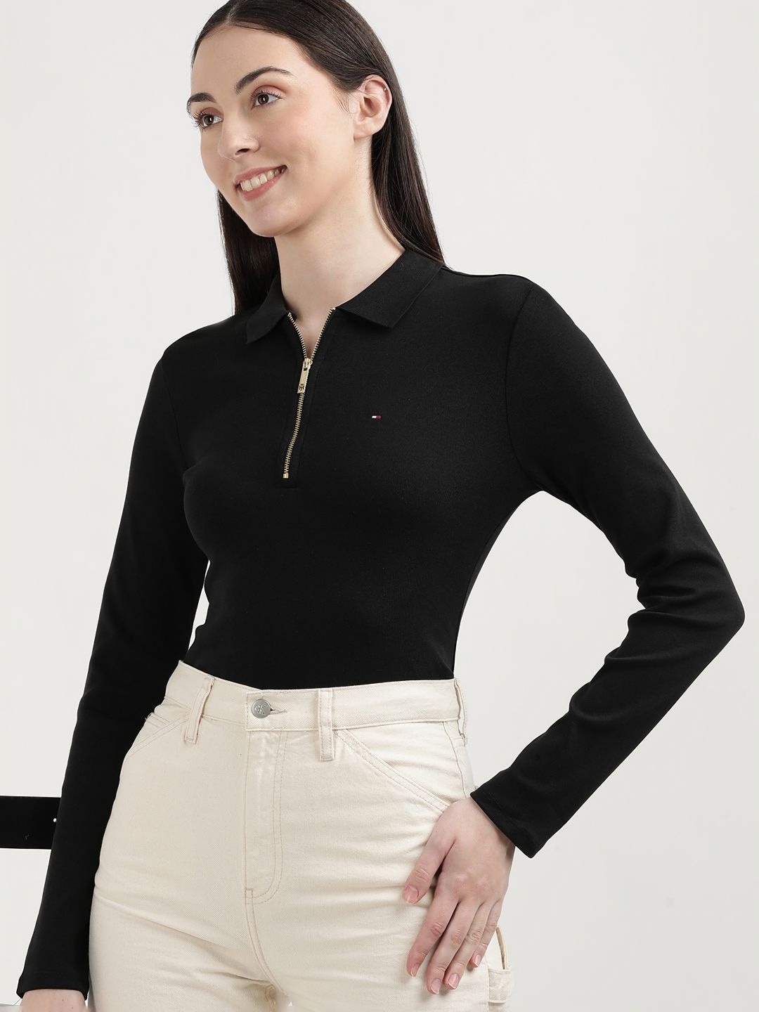 

Tommy Hilfiger Women Solid Polo Collar Cotton Slim Fit T-Shirt, Black