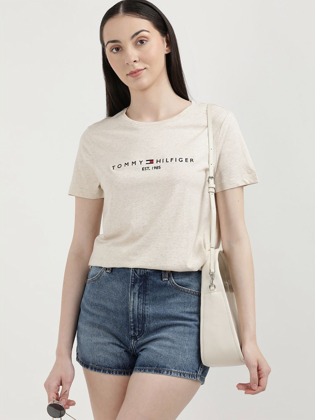 

Tommy Hilfiger Women Printed Round Neck Cotton T-Shirt, Beige