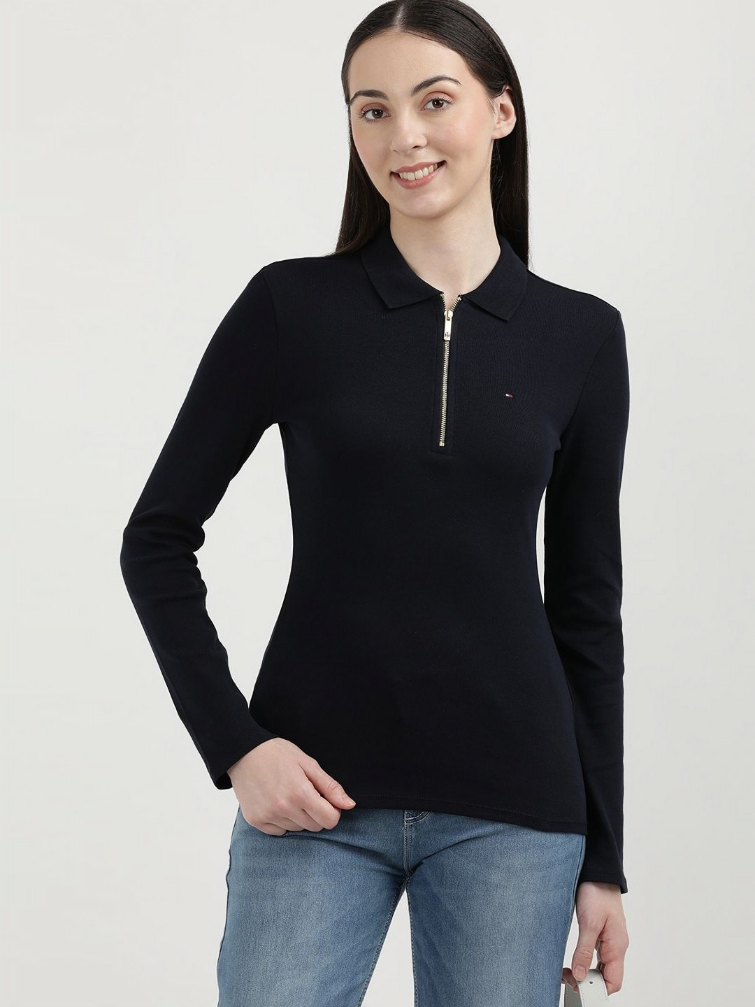 

Tommy Hilfiger Women Solid Polo Collar Cotton Slim Fit T-Shirt, Blue