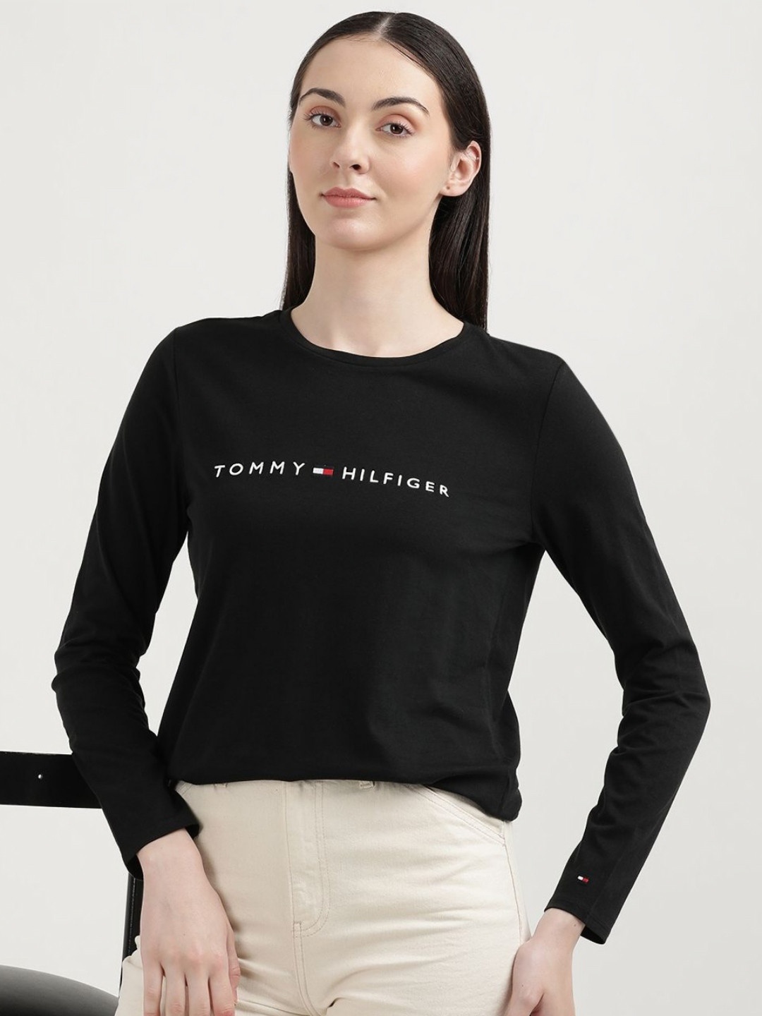 

Tommy Hilfiger Women Printed Round Neck Cotton T-Shirt, Black