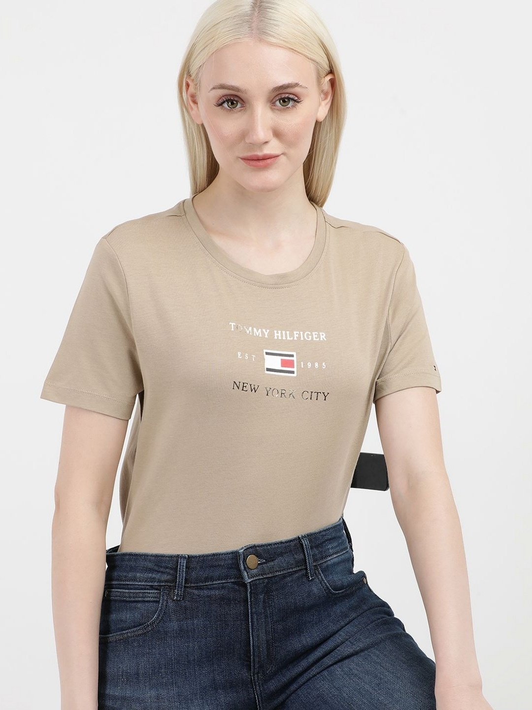 

Tommy Hilfiger Women Printed Round Neck Cotton T-Shirt, Beige