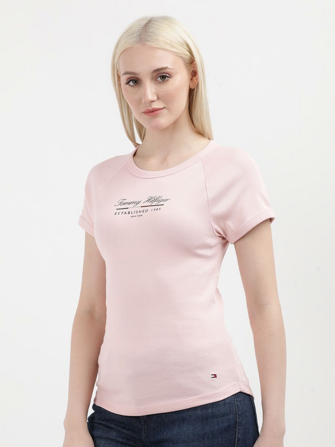 

Tommy Hilfiger Women Printed Round Neck Cotton Slim Fit T-Shirt, Pink