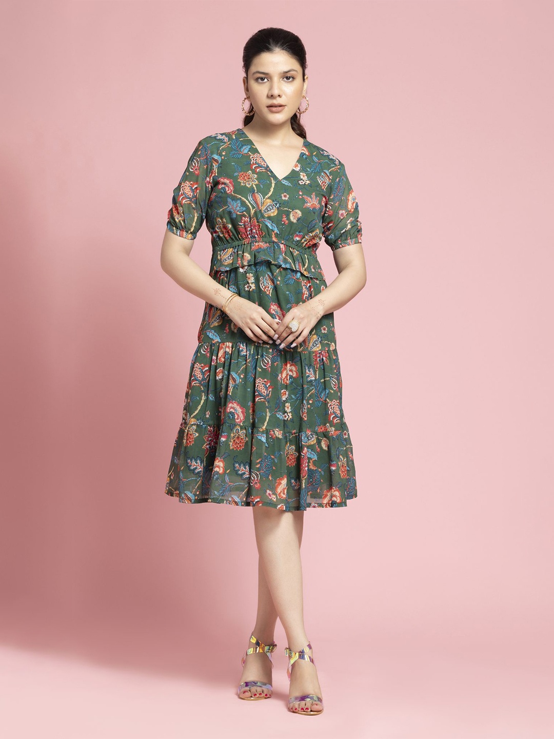 

SEW YOU SOON Women Floral Printed Fit & Flare Dress, Green