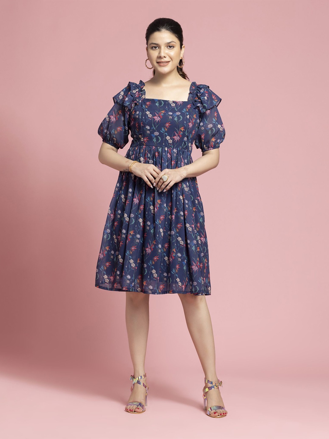 

SEW YOU SOON Floral Printed Puff Sleeve Georgette Fit & Flare Dress, Blue