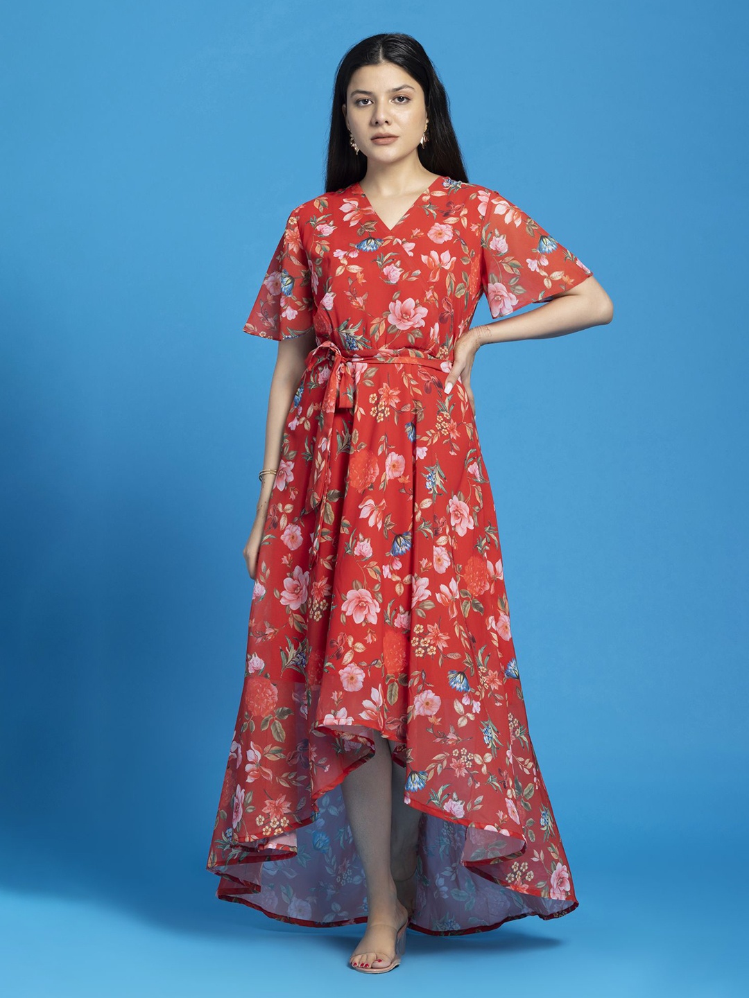 SEW YOU SOON Flared Sleeve High-Low Floral Maxi Dress, Red
