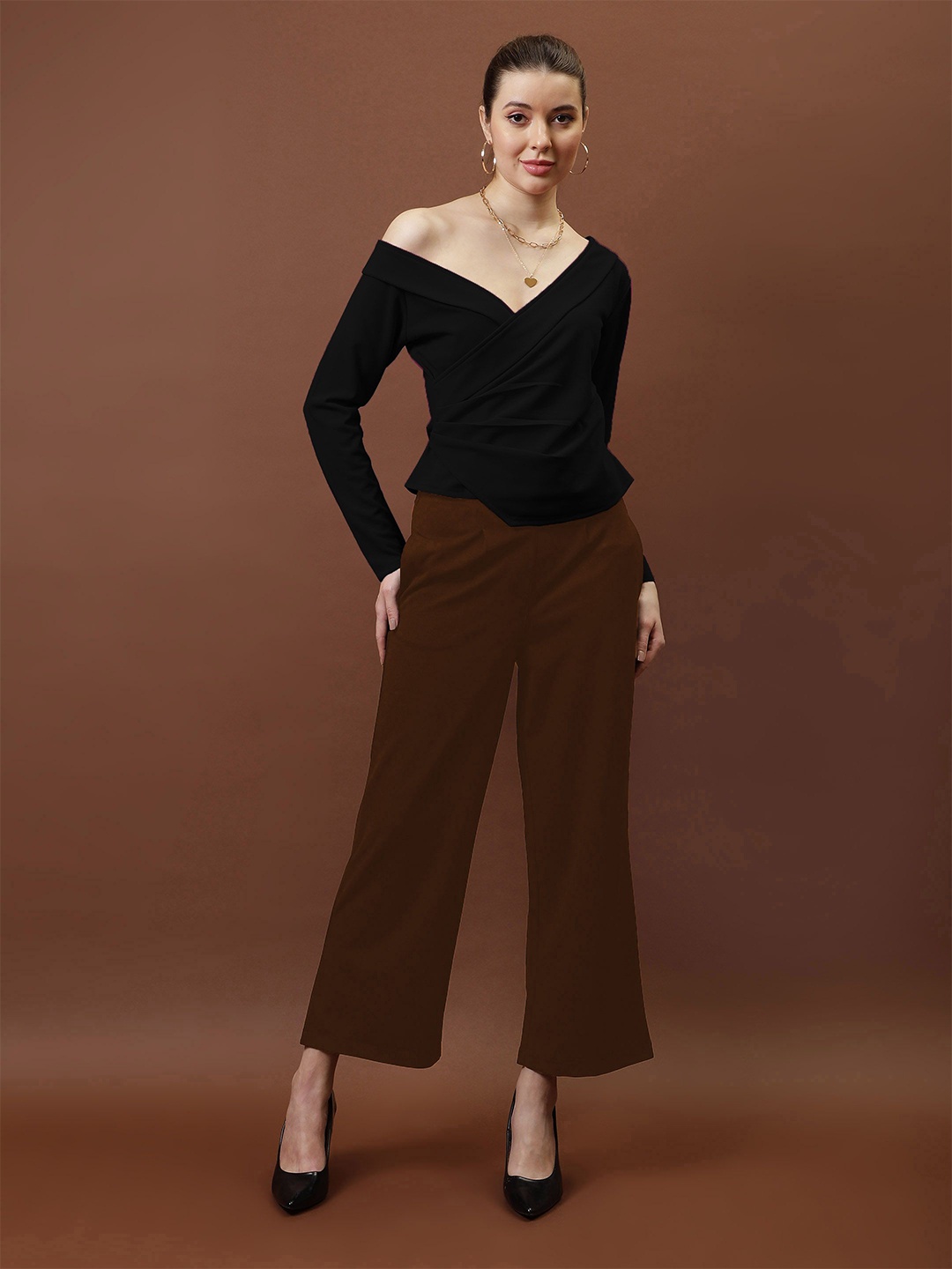 

Athena Women Solid Asymmetrical Neck Wrap Top, Black