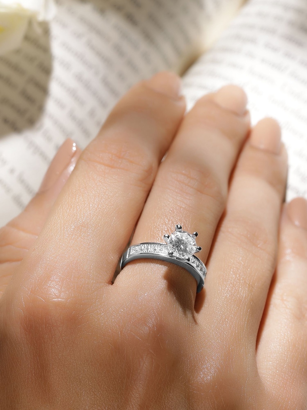 

Rubans Rhodium-Plated American Diamond-Studded Finger Ring, Silver