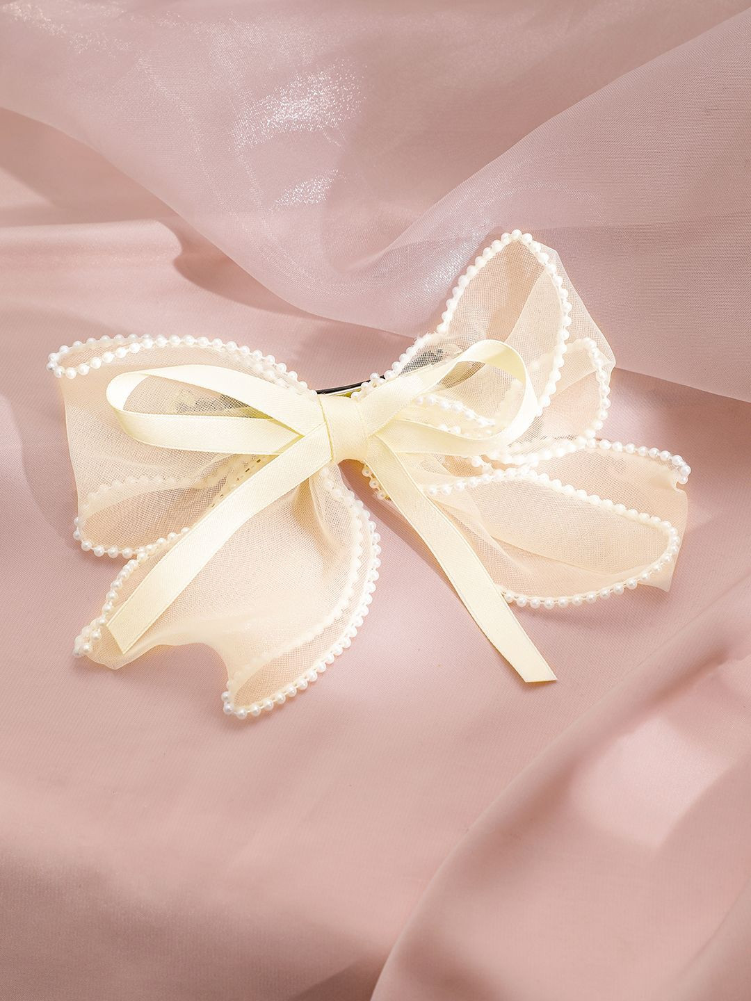 

Rubans Women Beaded Bow With Pearl French Barrette, Yellow