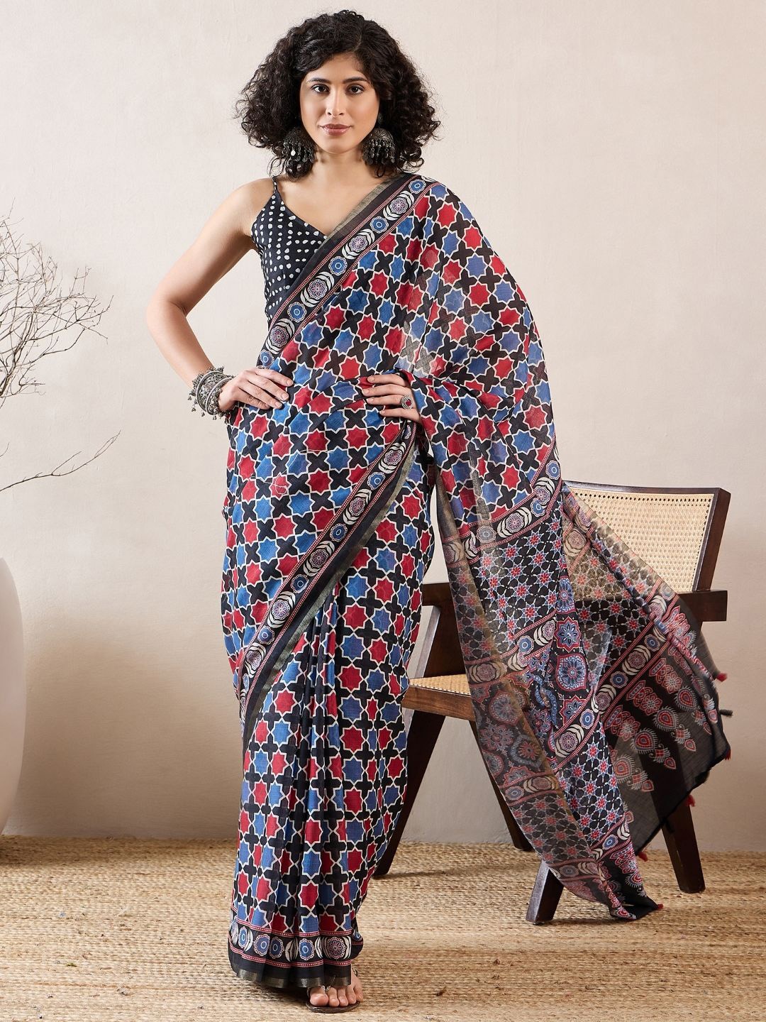 

KALINI Ajrak Block Zari Block Print Saree, Black