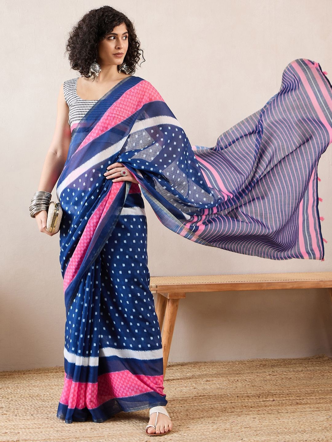 

KALINI Linen Blend Geometric Printed Zari Festive Saree, Blue