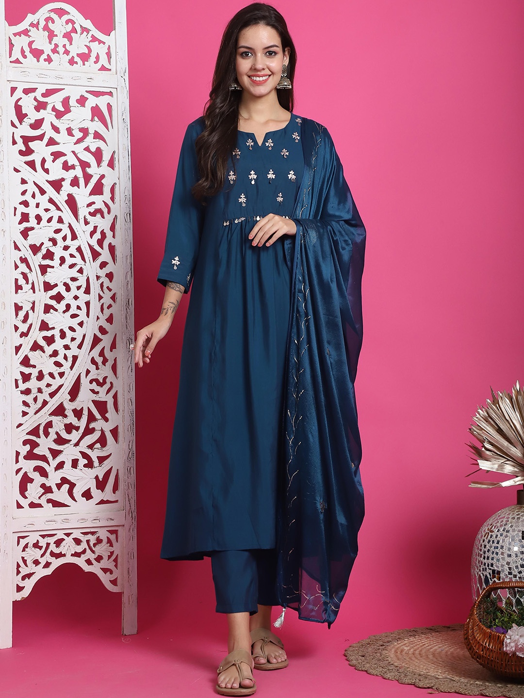 

Rajnandini Floral Embroidered Empire Beads and Stones Kurta with Trousers & Dupatta, Blue