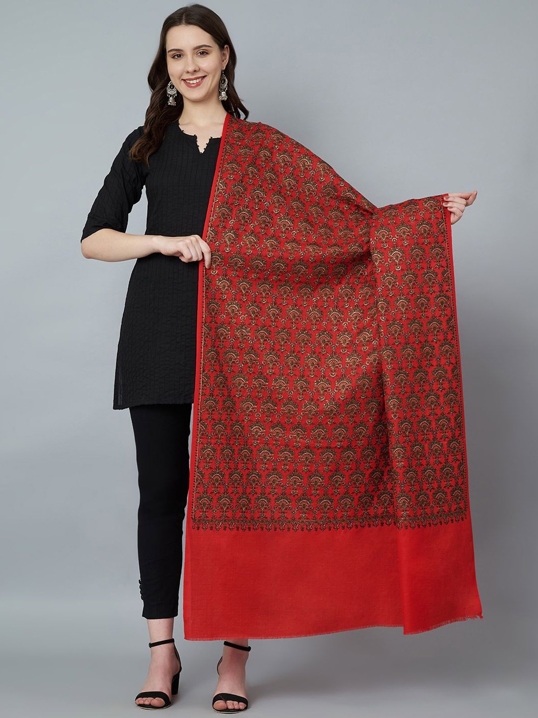 

MUFFLY Floral Embroidered Pure Woollen Shawl, Red