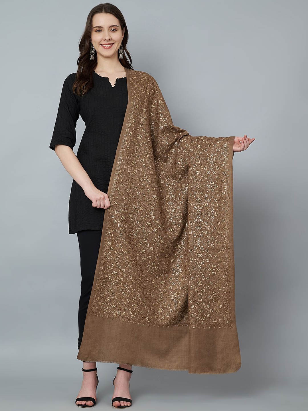 

MUFFLY Women Floral Embroidered Pure Woollen Shawl, Brown