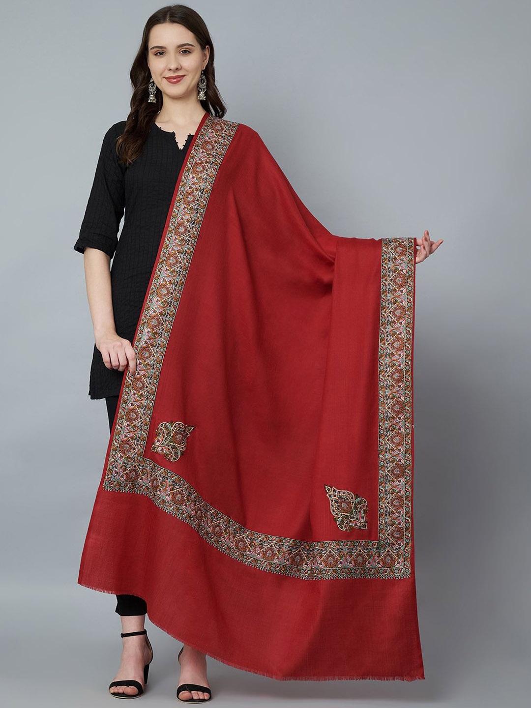 

MUFFLY Women Floral Embroidered Pure Woollen Shawl, Maroon