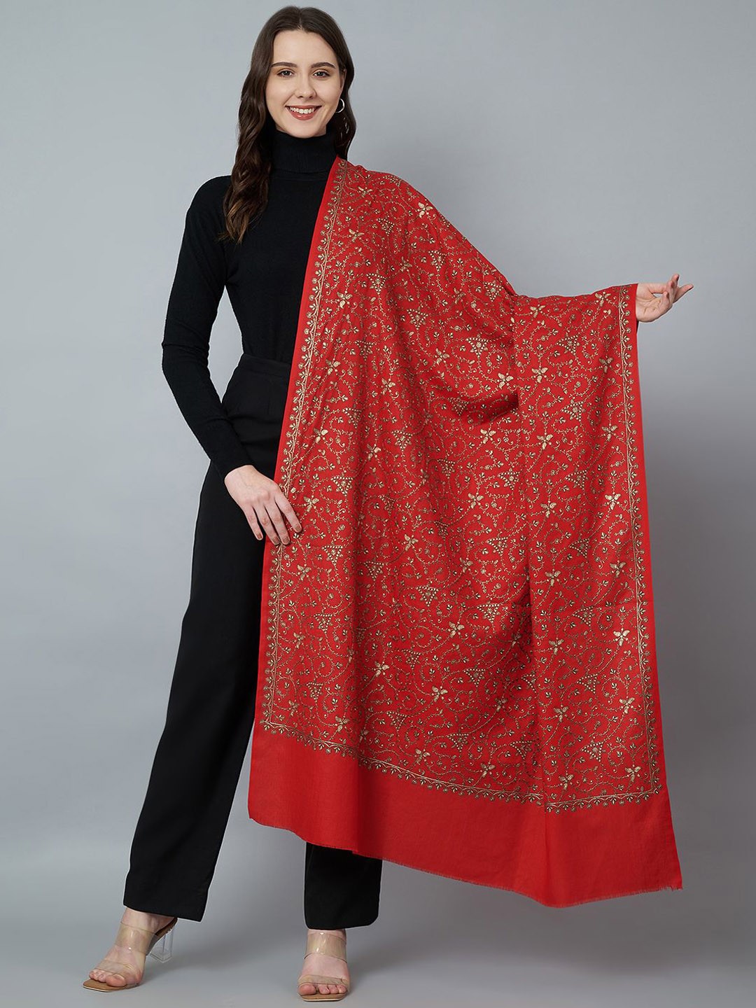 

MUFFLY Women Floral Embroidered Pure Woollen Shawl, Red