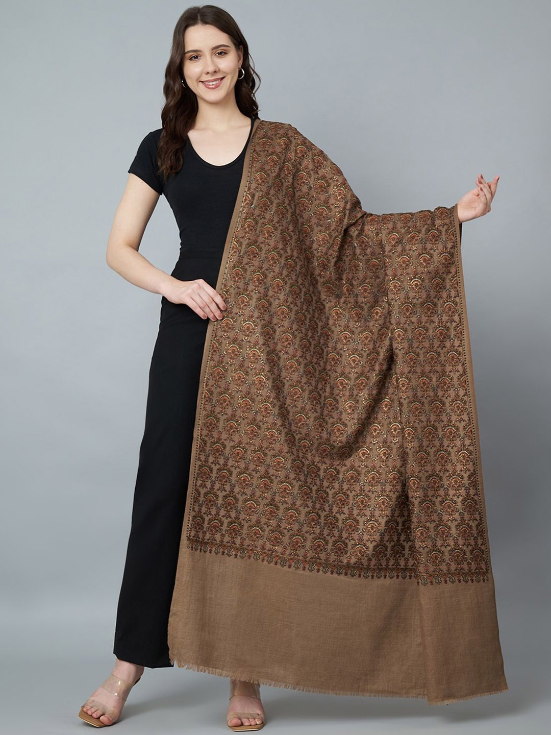 

MUFFLY Women Floral Embroidered Pure Woollen Shawl, Brown