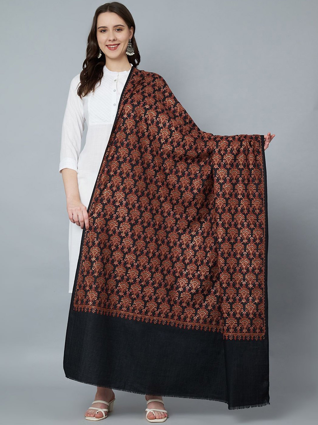 

MUFFLY Women Ethnic Motifs Embroidered Pure Woollen Shawl, Black