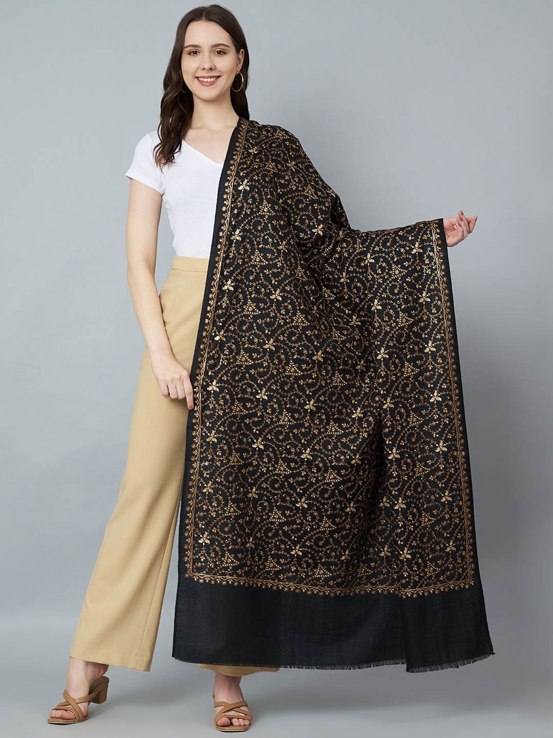 

MUFFLY Women Ethnic Motifs Embroidered Pure Woollen Shawl, Black