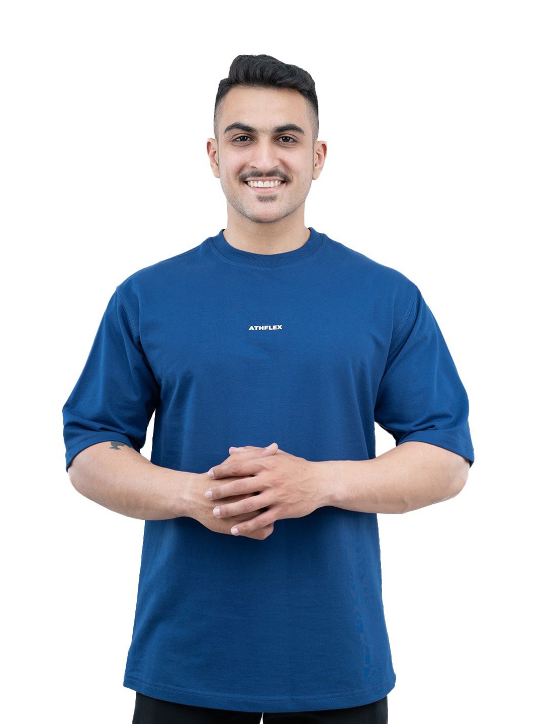 

Athflex Men Solid Round Neck Cotton Oversized Tshirt, Blue