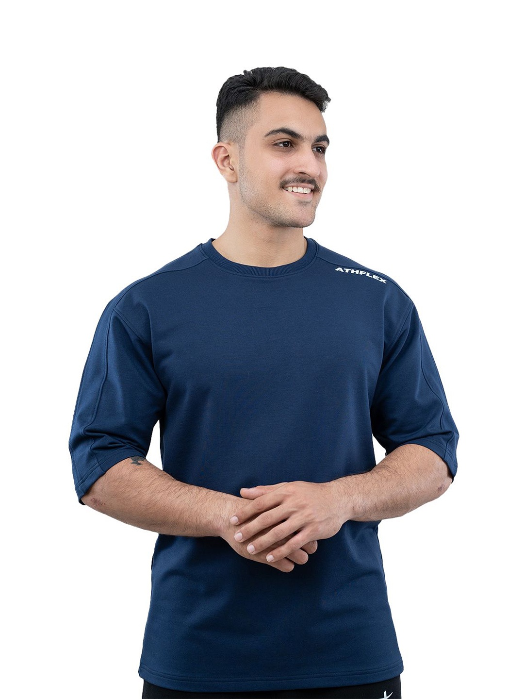 

Athflex Men Solid Round Neck Cotton Oversized Tshirt, Blue