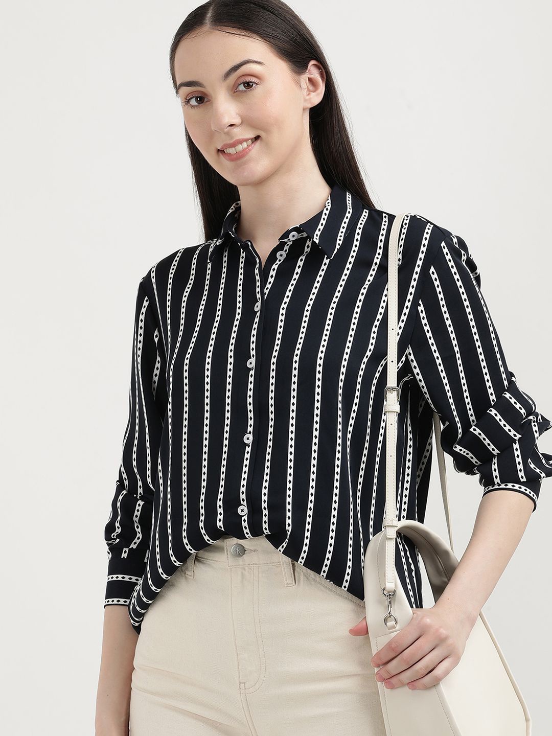 

Tommy Hilfiger Women Vertical Stripes Opaque Striped Casual Shirt, Blue