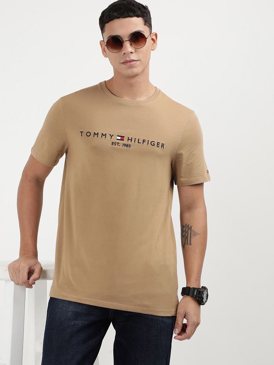 

Tommy Hilfiger Men Printed Round Neck Cotton T-Shirt, Beige