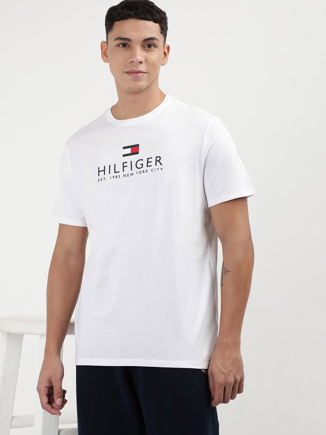 

Tommy Hilfiger Men Printed Round Neck Cotton T-Shirt, White