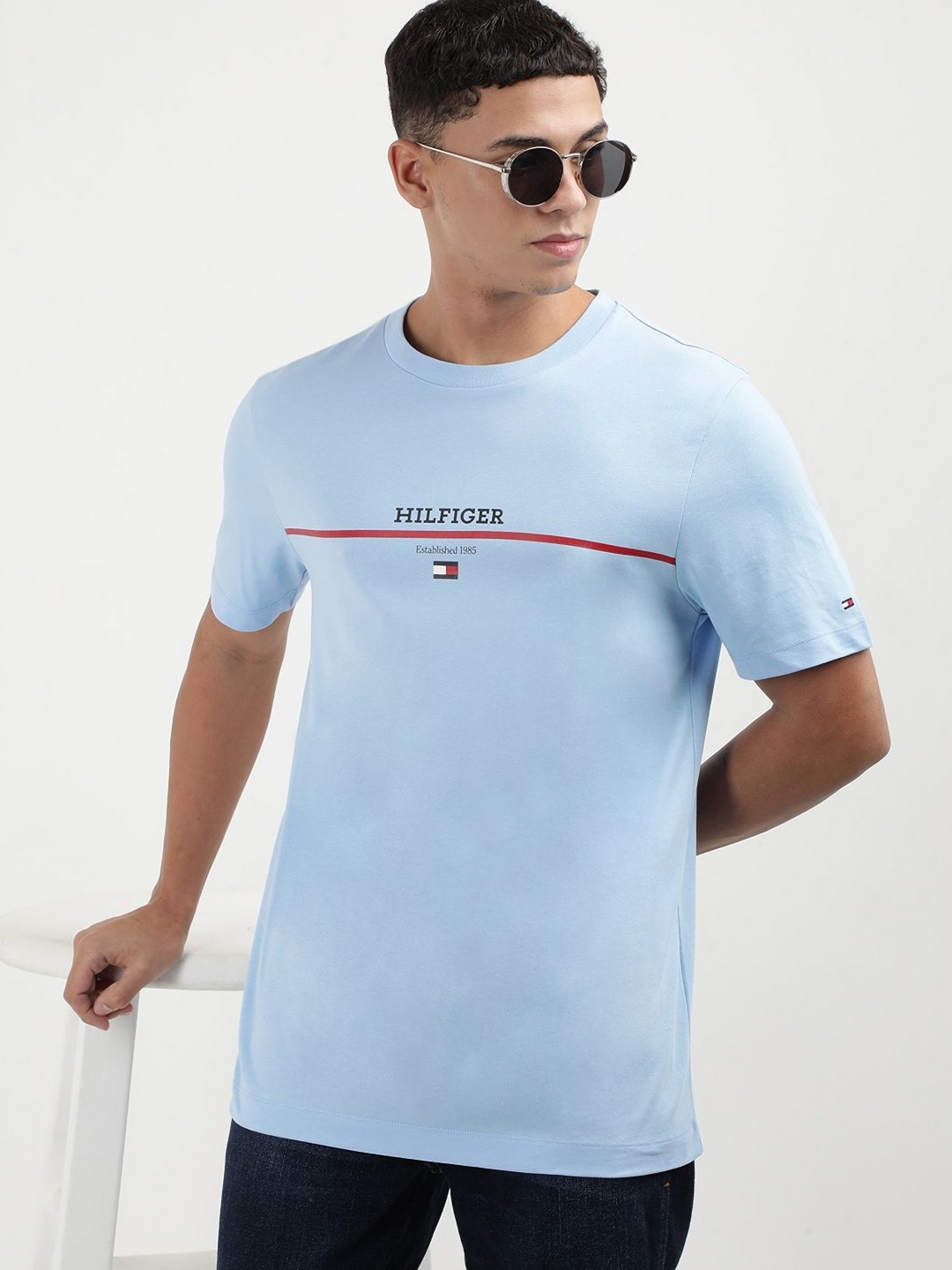 

Tommy Hilfiger Men Printed Round Neck Cotton T-Shirt, Blue