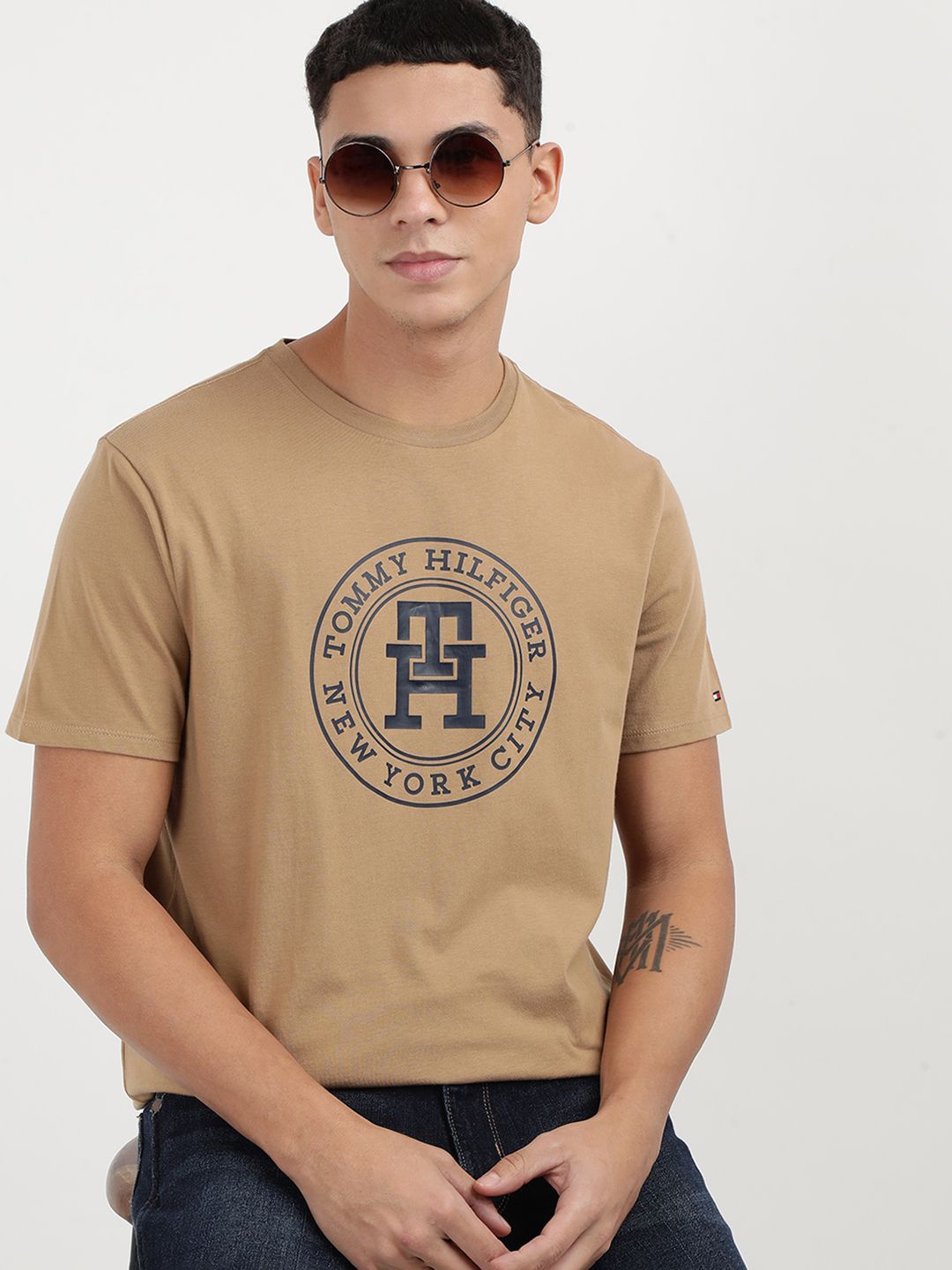 Tommy Hilfiger Men Printed Round Neck Cotton T-Shirt, Beige