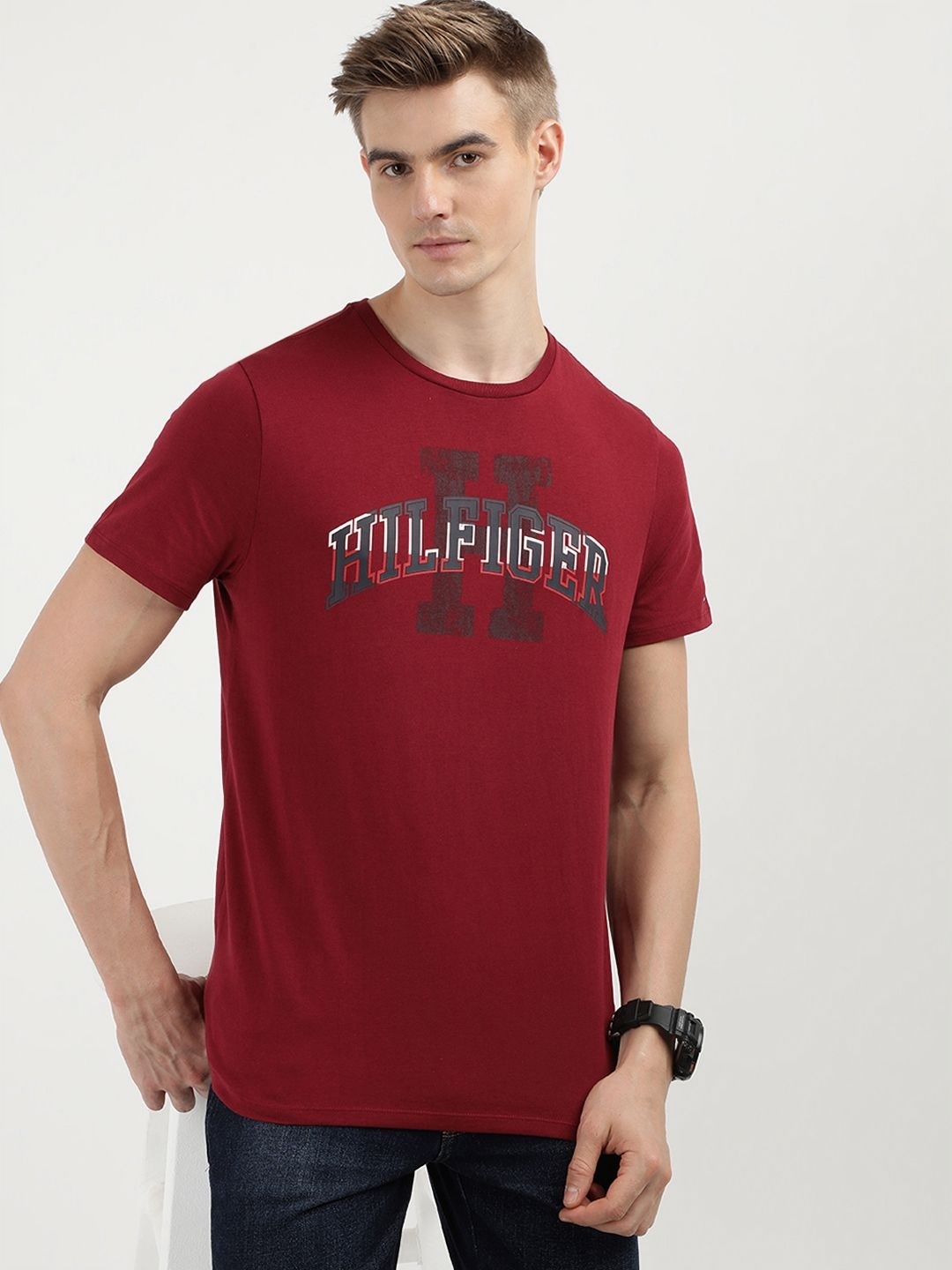 Tommy Hilfiger Men Printed Round Neck Cotton T-Shirt, Red