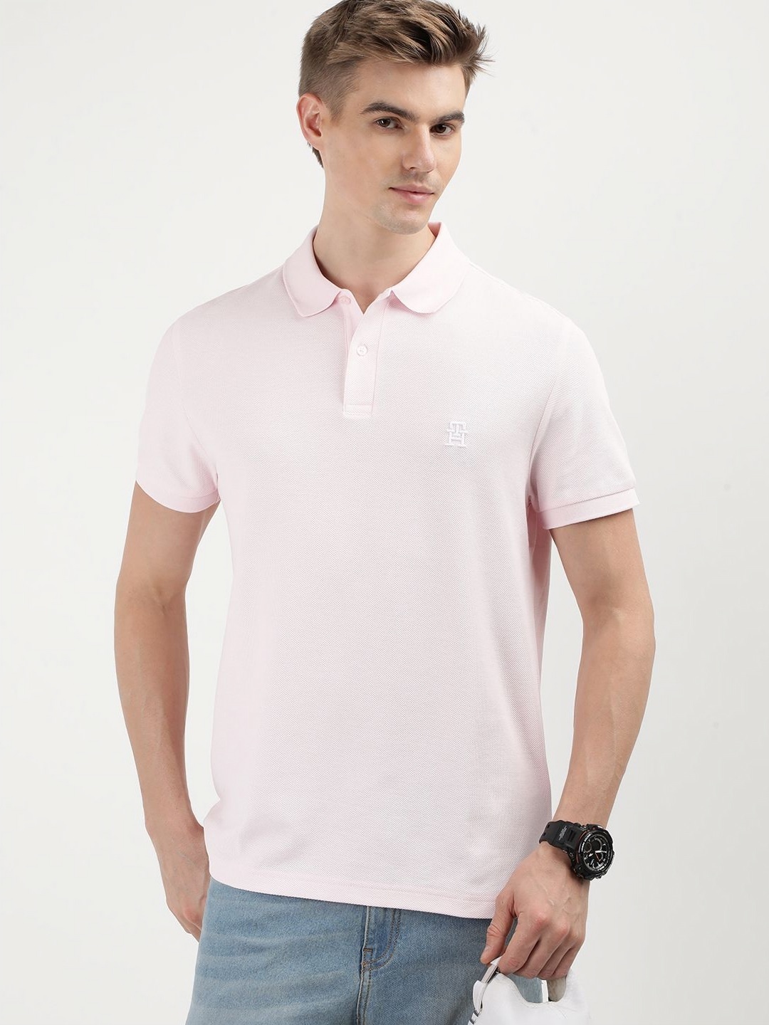 

Tommy Hilfiger Men Solid Polo Collar Cotton T-Shirt, Pink