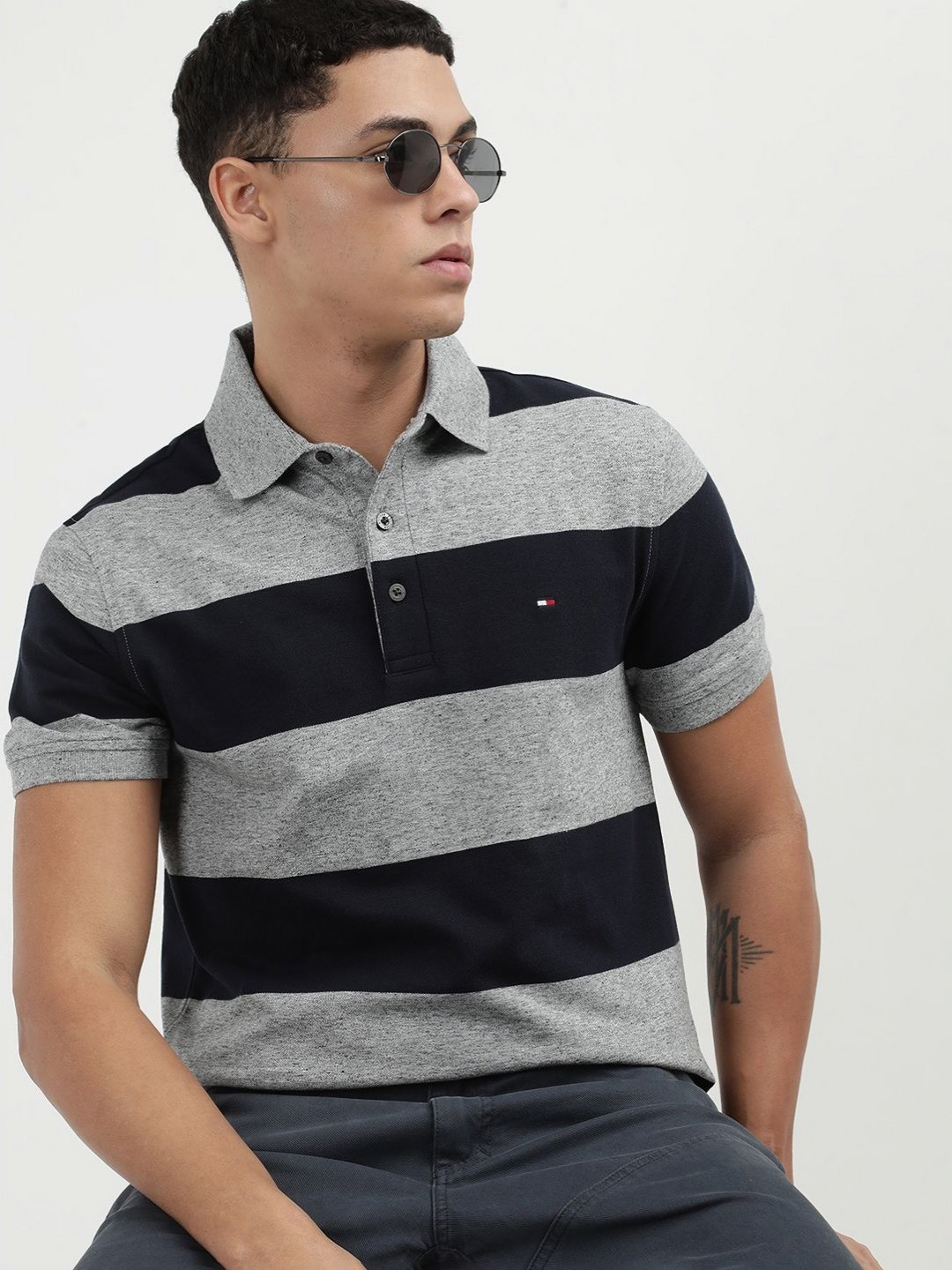 

Tommy Hilfiger Men Striped Polo Collar Cotton Slim Fit T-Shirt, Grey